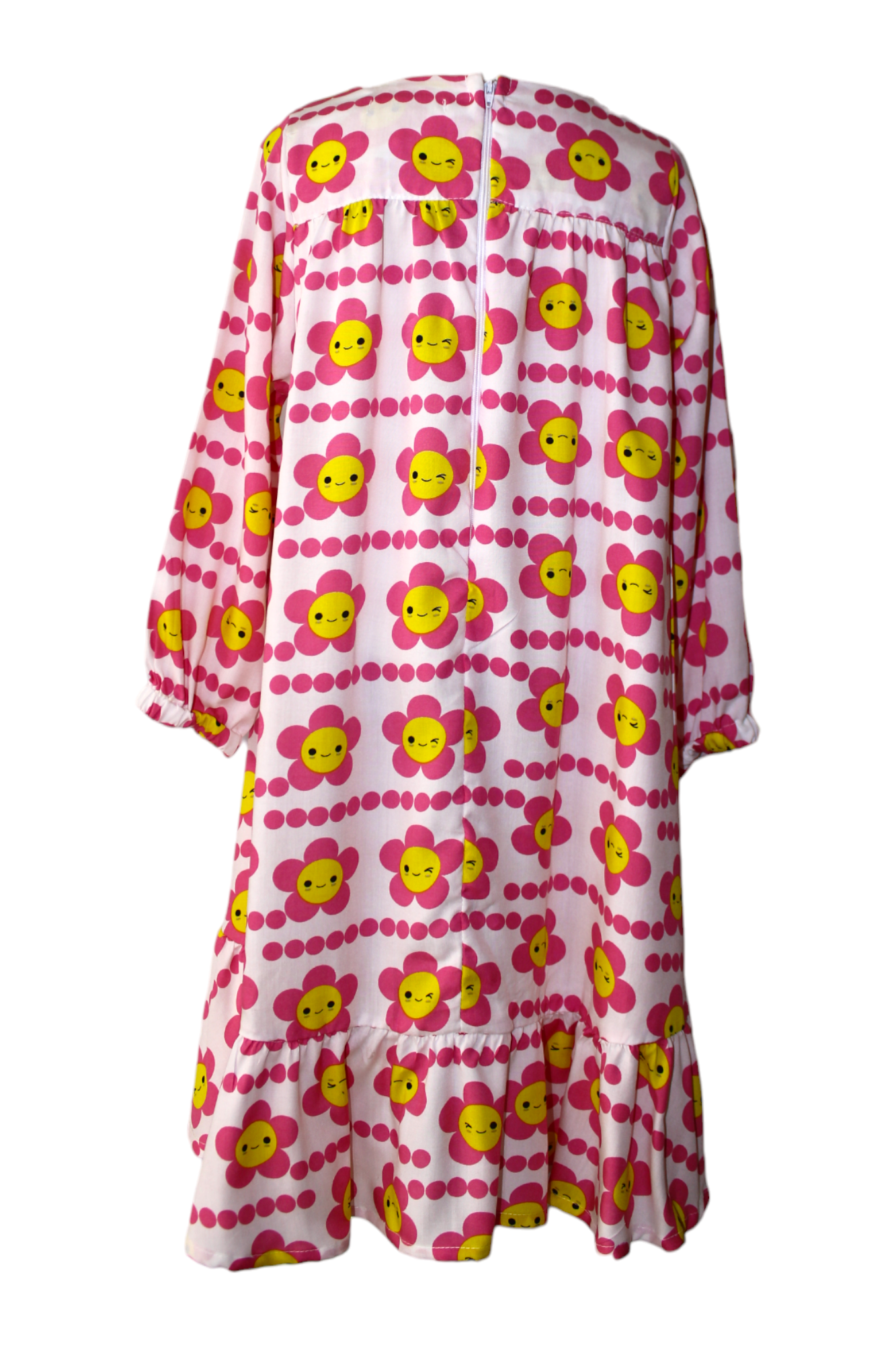 Vestido bata babado manga longa estampa flor rosa - Costas